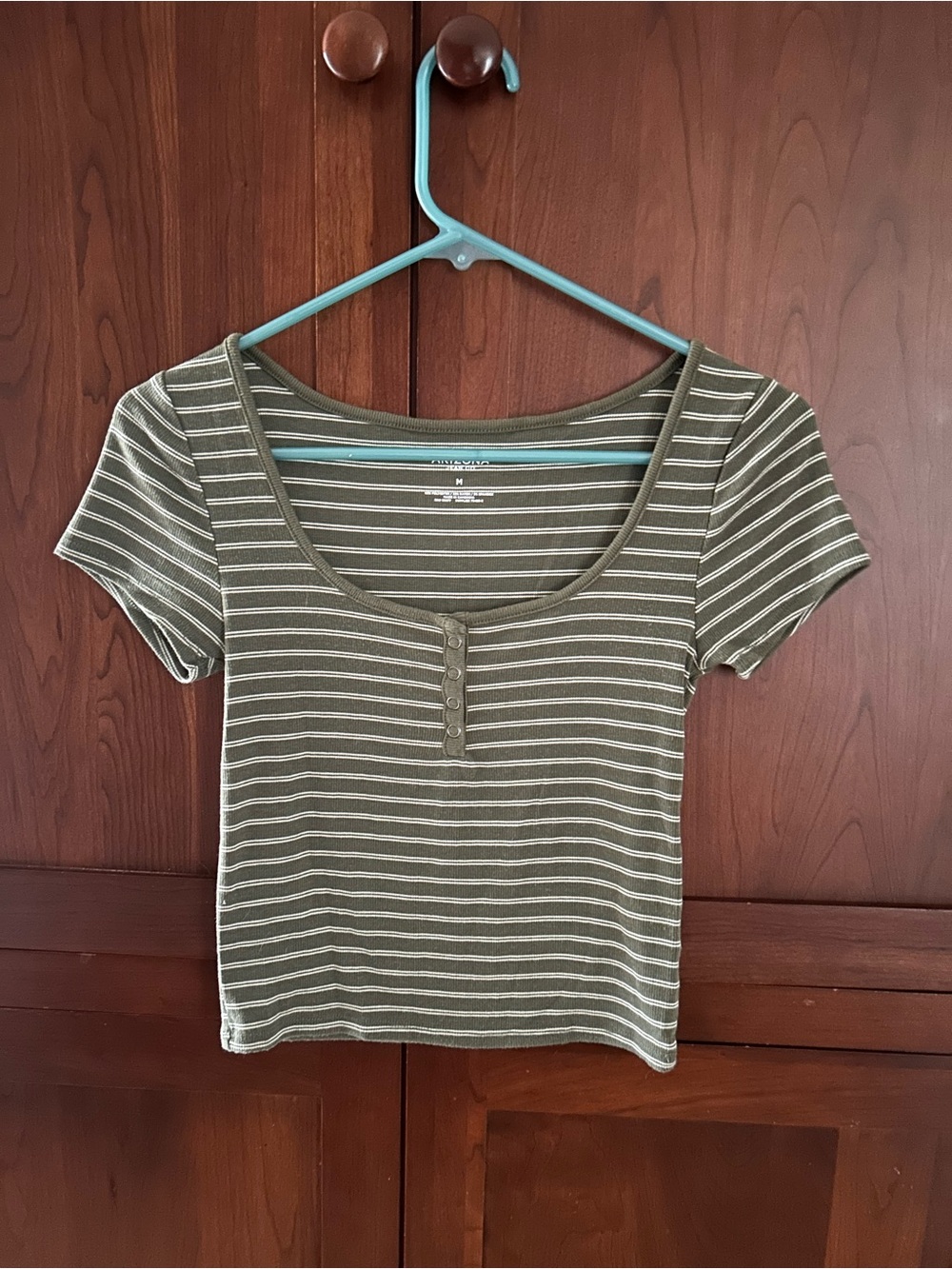 Arizona Jean Company Olive & White Striped Scoop Button Crop Top